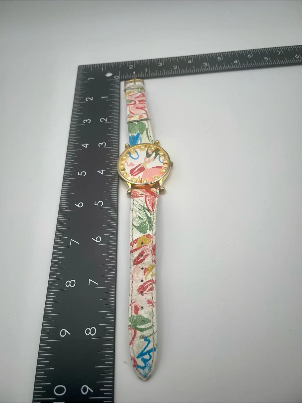 Abstract Floral Multicolor Women's Fashion Watch - Gold Case. Print Leather Band